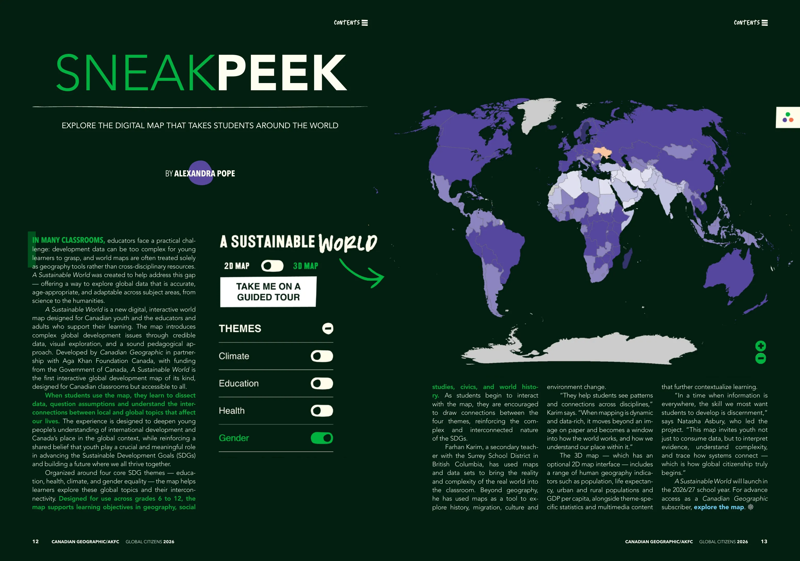 Magazine spread titled Sneak Peek introducing A Sustainable World, with the map’s theme toggles and a world map of country indicators.