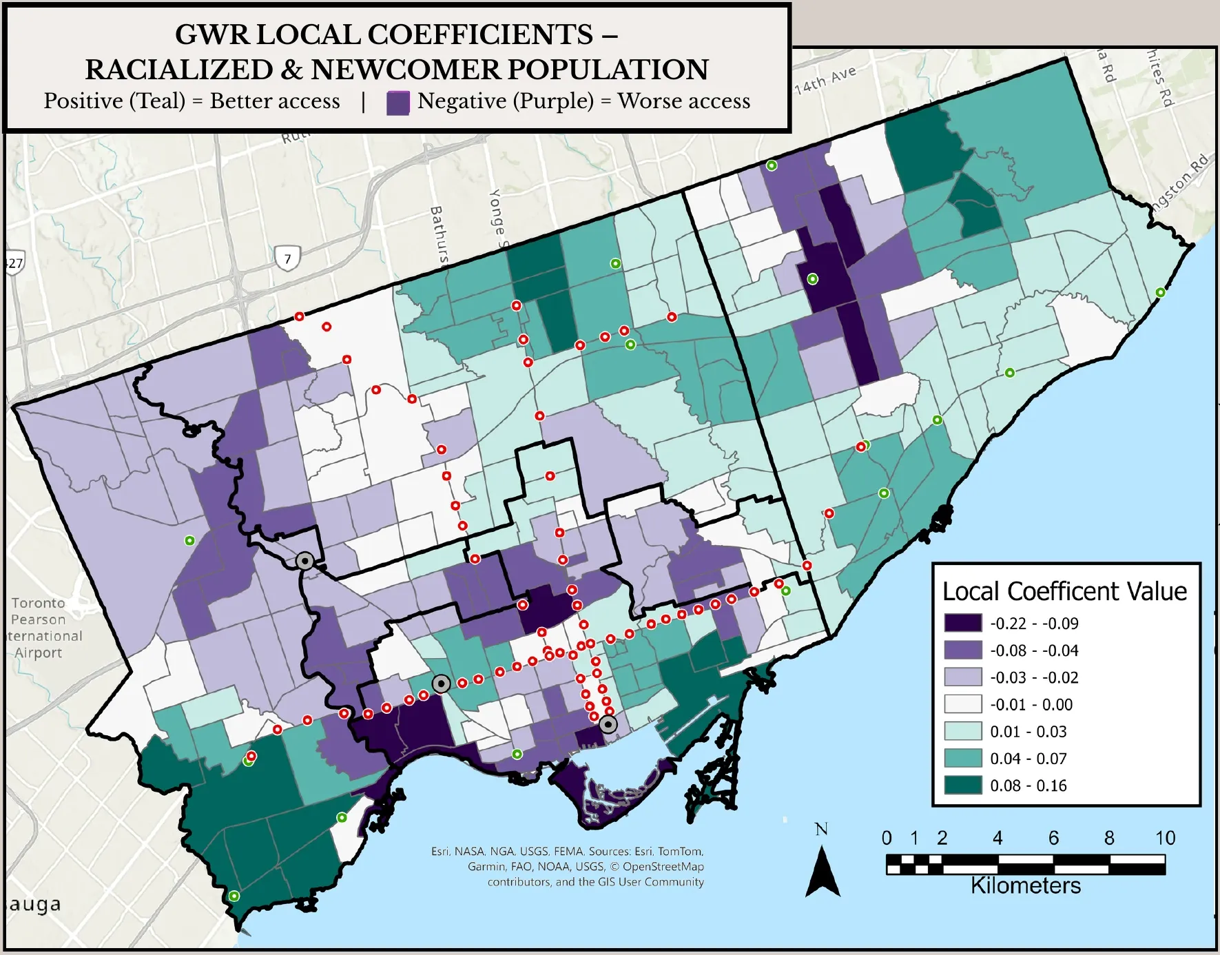 Map of geographically weighted regression coefficients for the racialized and newcomer factor; negative values in Scarborough, North York and northern Etobicoke, positive values downtown and in East York.