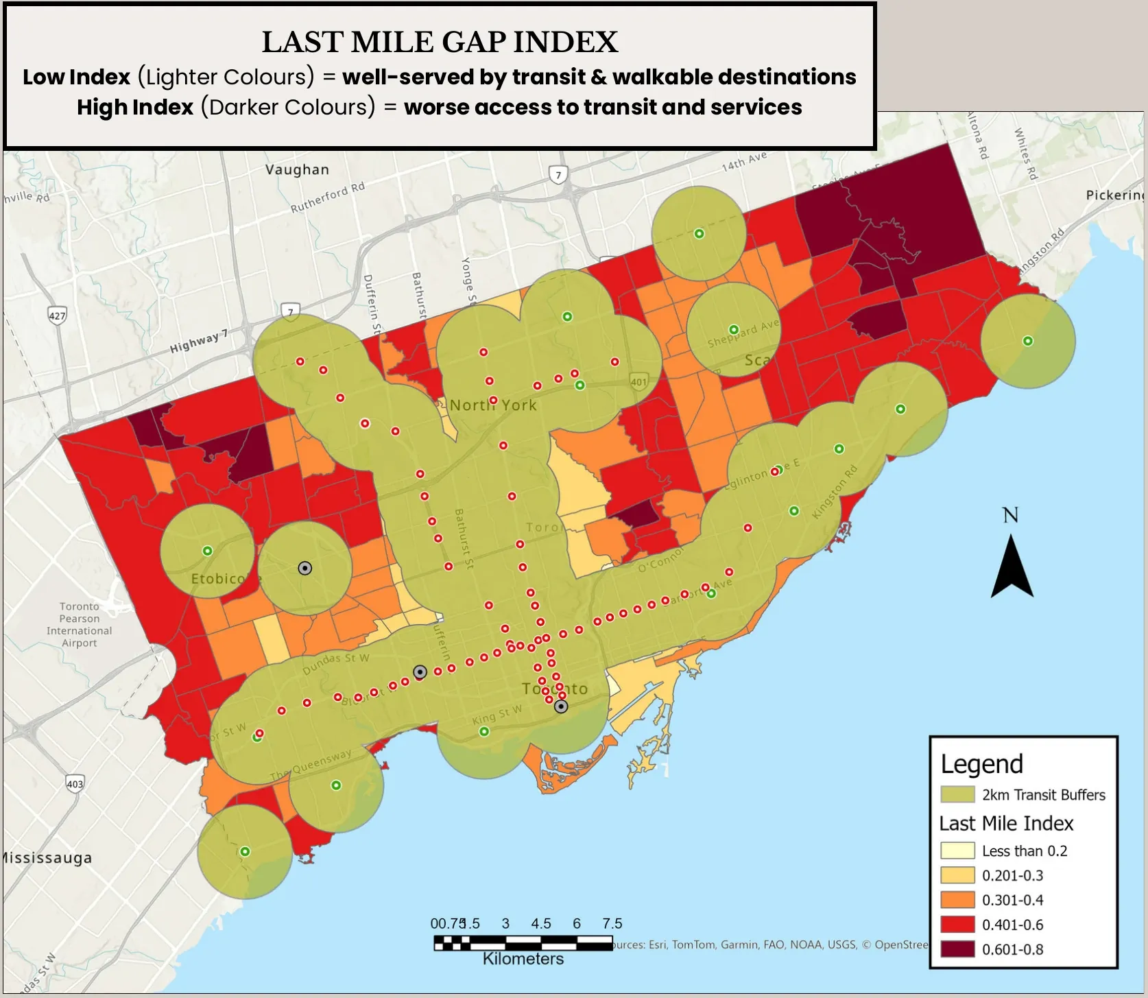 Map of Toronto showing the Last Mile Gap Index with 2 km buffers around rapid transit stations; the highest index scores are in the outer suburbs, far from the downtown core.