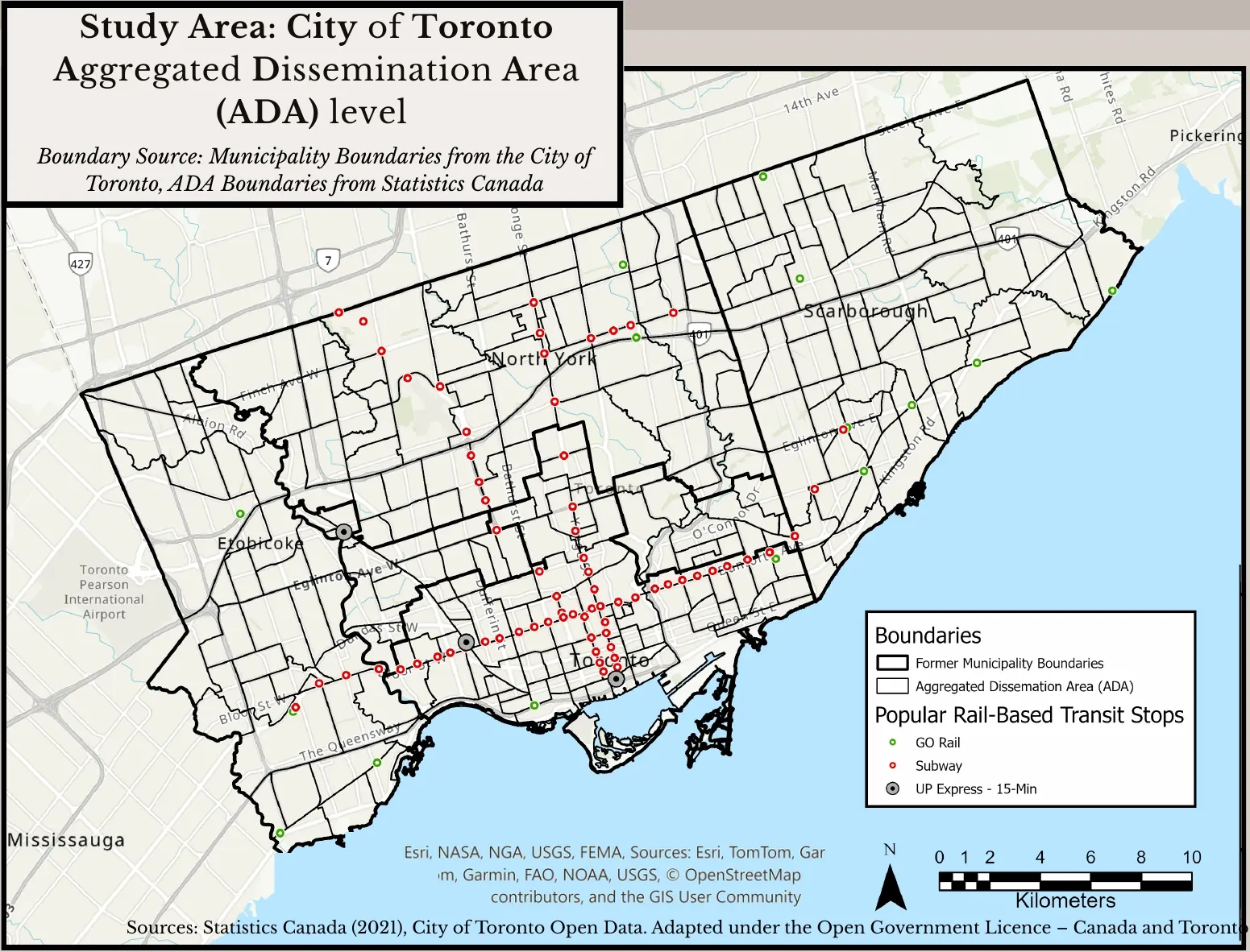 Map of Toronto divided into aggregated dissemination areas with former municipality boundaries, subway stops, GO Rail stops and UP Express stations.