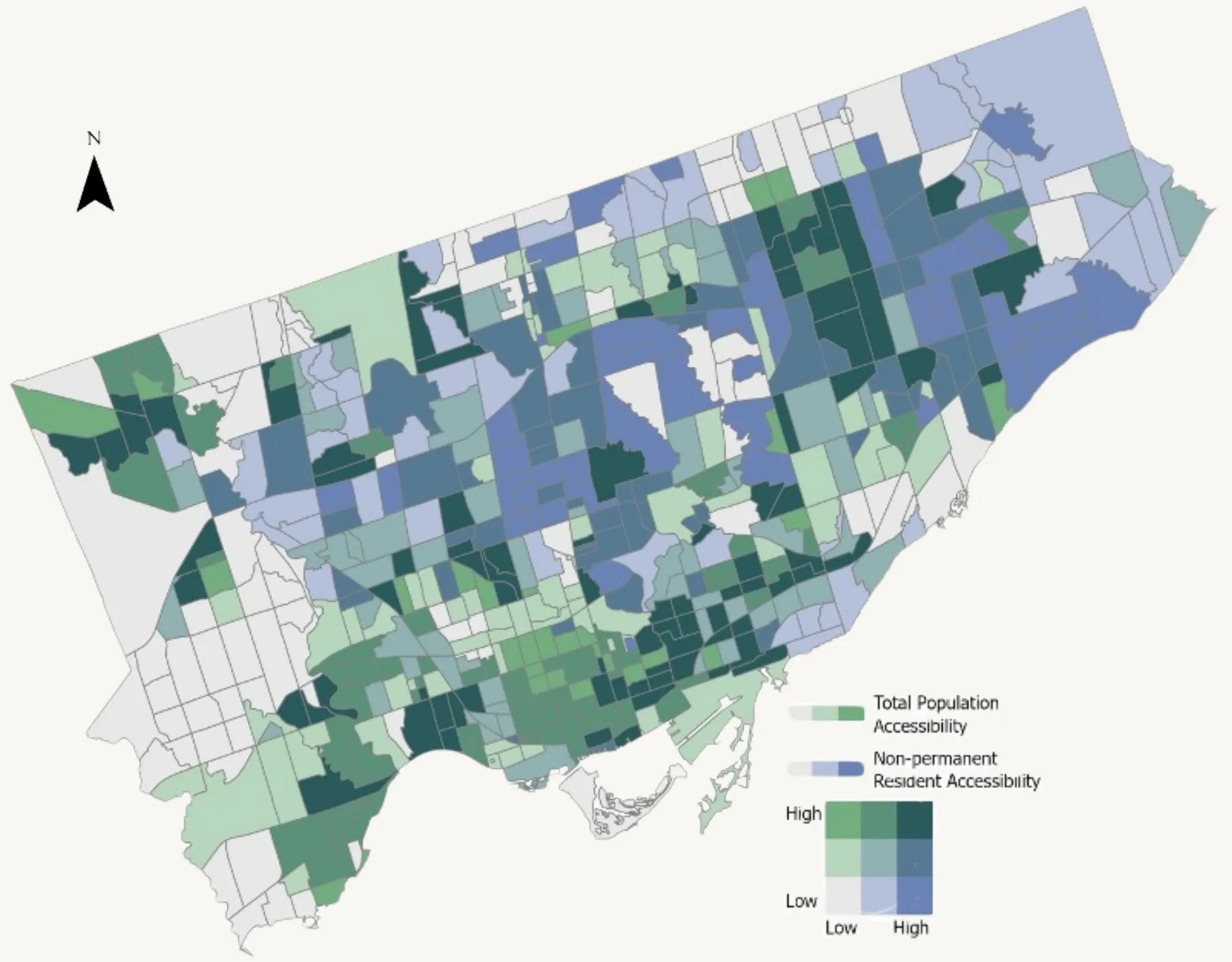 Bivariate choropleth of Toronto comparing healthcare accessibility for the total population (green) and non-permanent residents (blue); northern areas lean blue, southern and southwestern areas lean green.