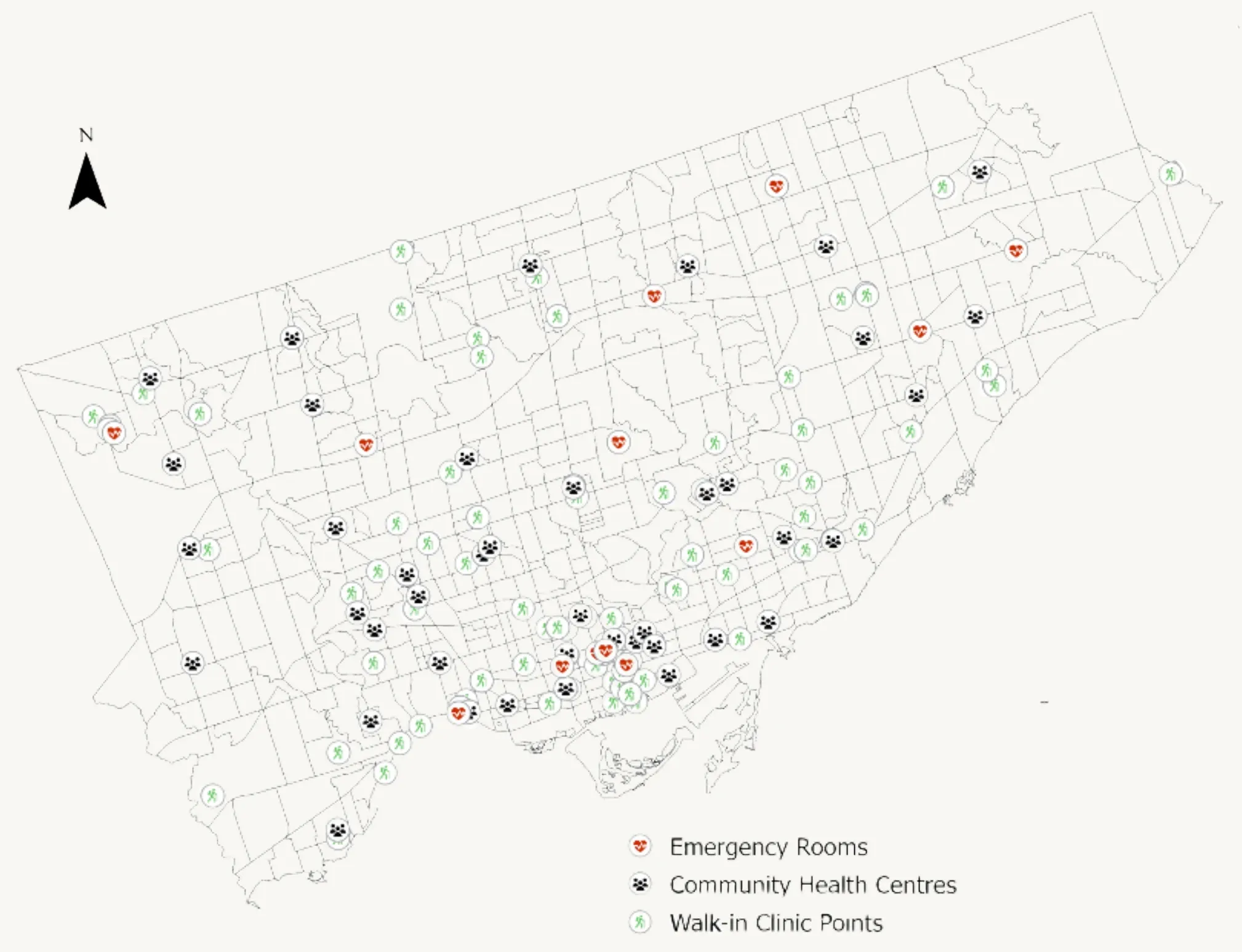 Point map of Toronto showing emergency rooms, community health centres and walk-in clinics, clustered in the downtown core and along major transportation corridors.