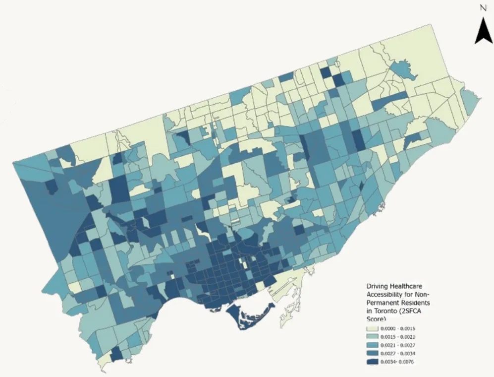 Choropleth map of Toronto census tracts showing driving accessibility to healthcare for non-permanent residents; the highest scores are in southern and central Toronto.