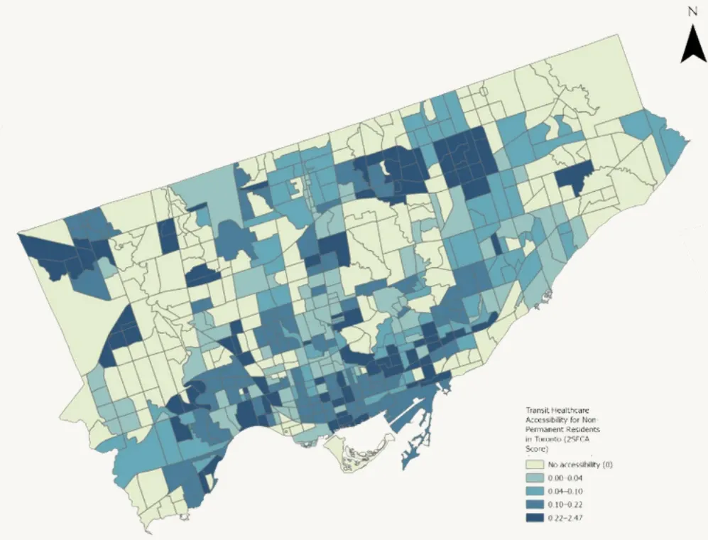 Choropleth map of Toronto census tracts showing public transit accessibility to healthcare for non-permanent residents; high and low scores are mixed across the city.