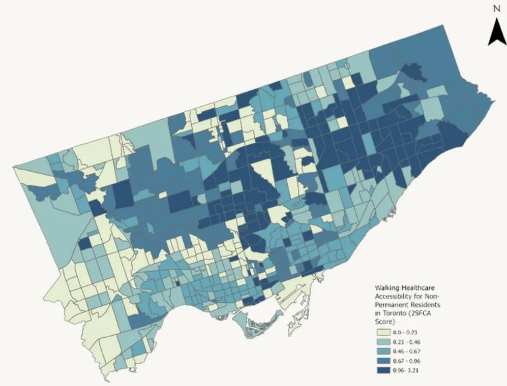 Choropleth map of Toronto census tracts showing walking accessibility to healthcare for non-permanent residents; the highest scores cluster across northern and eastern Toronto.