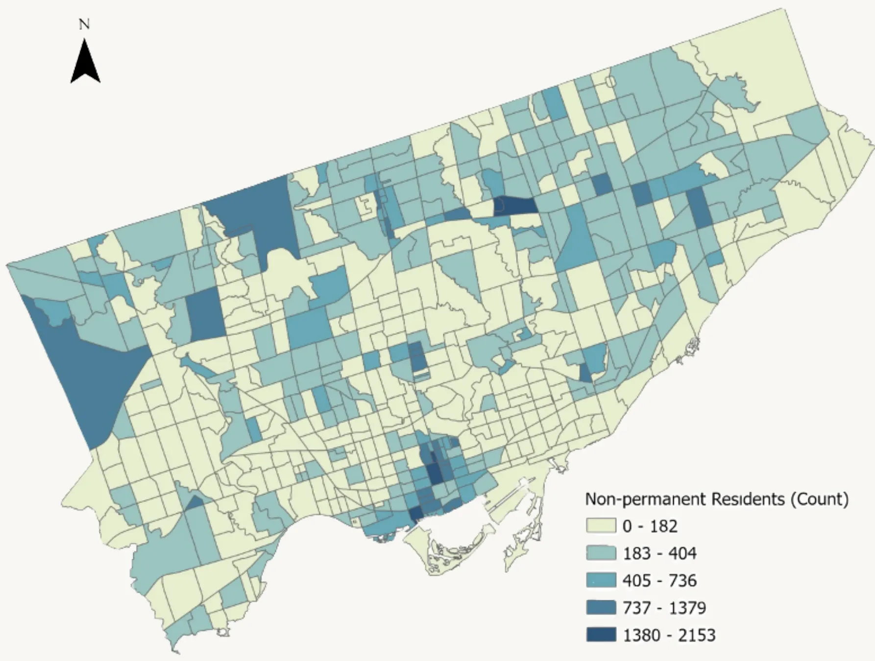 Choropleth map of Toronto census tracts showing counts of non-permanent residents, highest in the downtown core and in pockets of North York and Etobicoke.